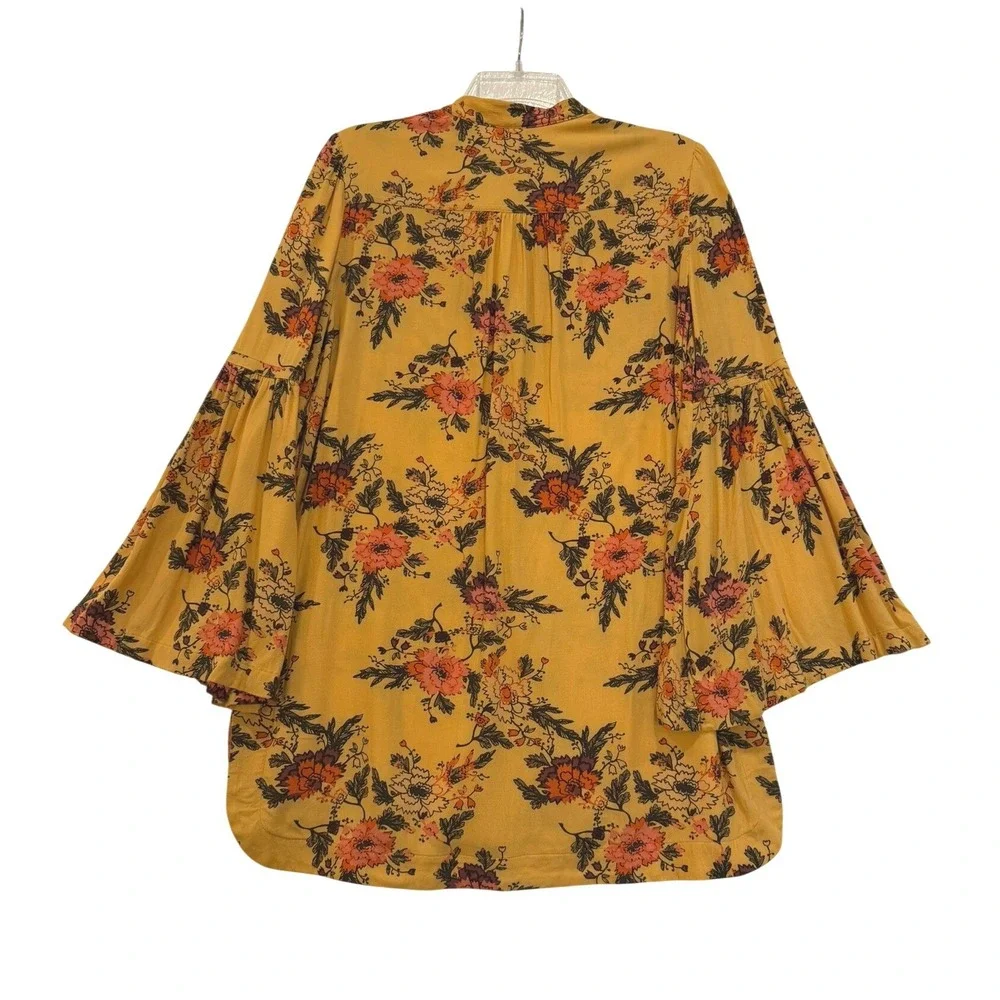 Free‎ People Marigold Yellow Floral Bell Sleeve Henley Tunic Blouse Top Womens M